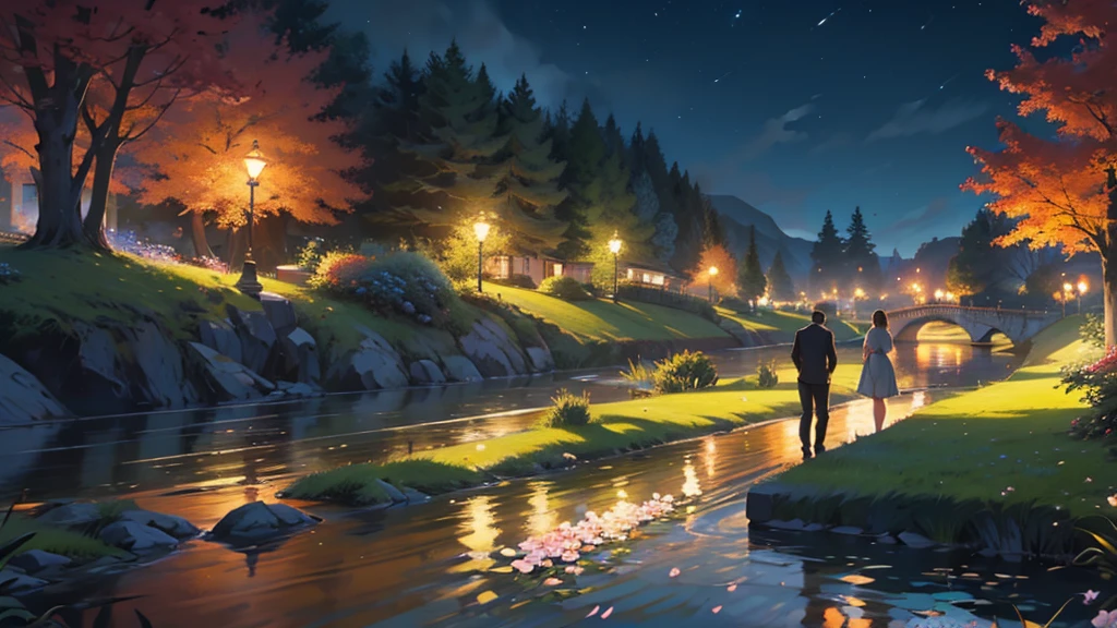 ((best quality)), ((work of art)), ((detailed)), 3 friends, one man and two women, walking in a flowered park, facing a river, seen from behind, at night