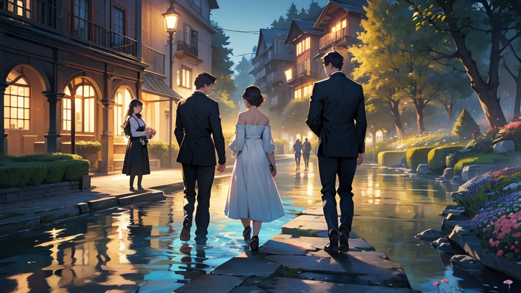 ((best quality)), ((work of art)), ((detailed)), 3 friends, one man and two women, walking in a flowered park, facing a river, seen from behind, at night
