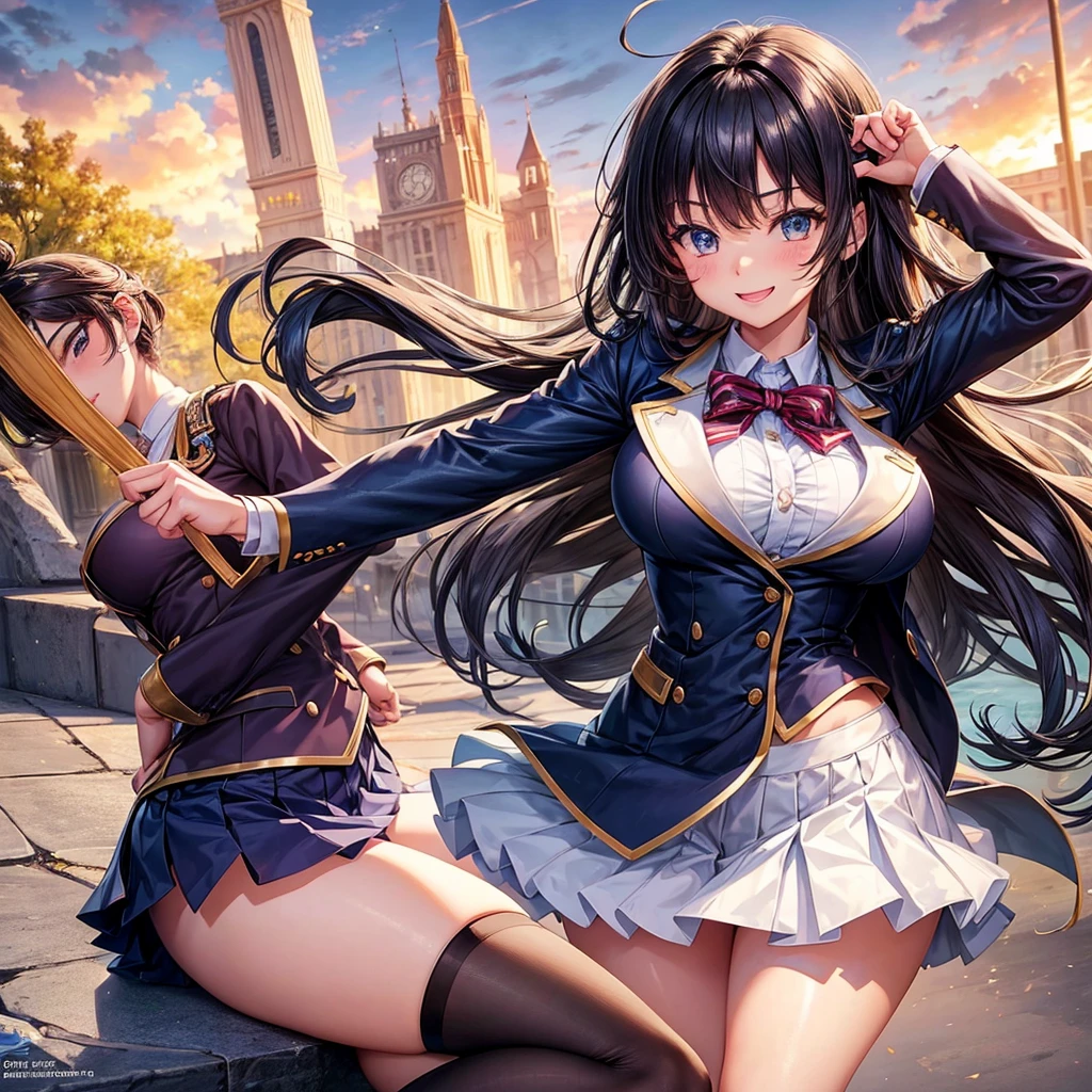 Best Quality,beautiful girl,Light novel,Superpowered girl,middle School girls,Beautiful girls,Big Breasts,8K,Perfectly portrayed,smile,High quality,New Uniform,masterpiece,Long Hair,Horny girl,Naughty Girls,Perfect Face,strongest,Cute uniform,blazer,mini skirt,tights,stylish,Academy,