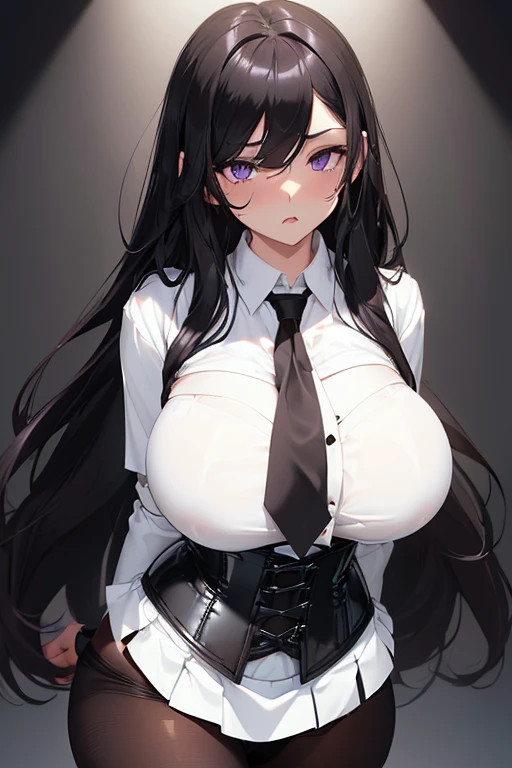 1girl,full body,(Purple eyes),(black hair),absurdly long hair,long hair between eyes,(black hair over one eye),waved hair,huge breasts,sagging breasts,(disproportionate gigantic Saggy breast:1.6),(Black background),bashful,eyes half-closed,open mouth,wet,oil skin,(((rubber,corset, collar,pantyhose),(black necktie between breasts)),(white top),((white shirt:1.6),sleeveless),(white mini skirt:1.3),spotlight,