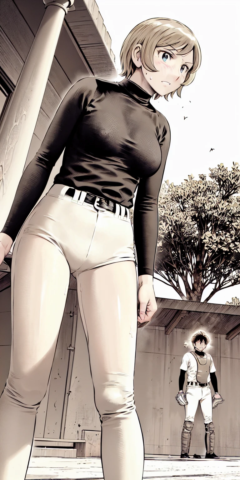 (野球uniform:1.2),
blonde, (short hair:1.2),Long sleeve, Black Shirt, turtleneck,White trousers、uniform、Black belt、((Illustration of a person))、big 、Muddy、Soil stains、ドロドロのuniform、
View your audience,, (Highest quality:1.3),One Girl, White pants、uniform、Outdoor、baseball ground、ground、soil、blue eyes、Tight black shirt、(masterpiece、Highest quality)、Highest quality, Ultra-high resolution, (((masterpiece))), alone, Sweat、big eyes、big Breasts、Torn clothes、 Fully exposed、Nipples、One Girl, Front view、Embarrassed face、Bronze colored hair、((short hair))、Stand up straight、Cowboy Shot