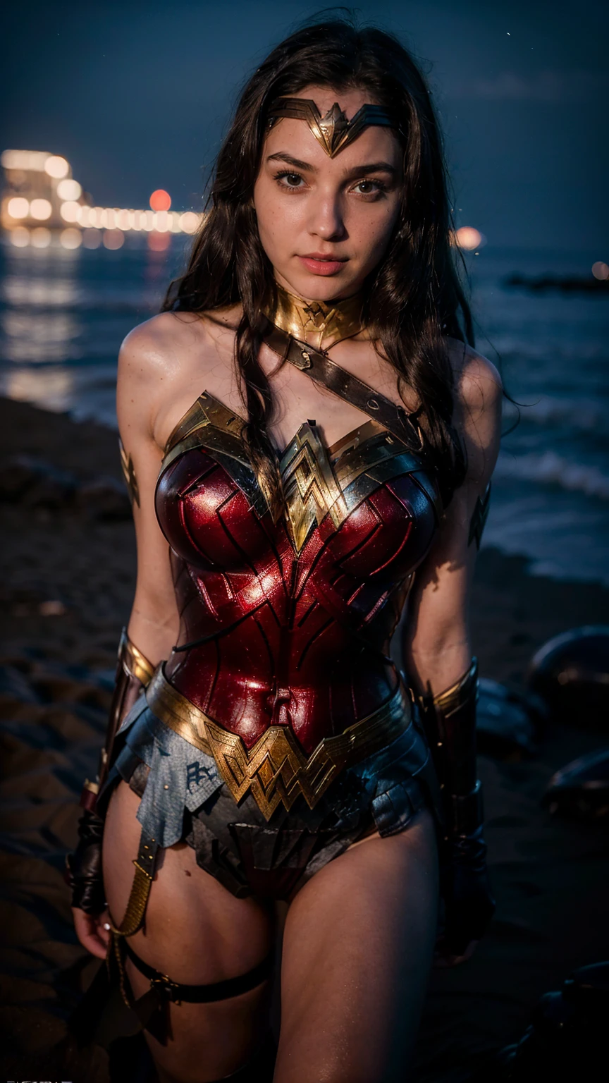 ((masterpiece), (solo character), (photorealistic:1.4), ),(best quality), (epiCRealLife), (g4lg), (Gal Godot), (Gal Godot in wonder woman costume), (lora:epiCFlashPhoto),(flashphoto), (flash photography) (look at viewers), (at night), (night time),, (photoshoot), (wonder woman theme), (on the sand), (different close upcamera angle shots), (light smile),