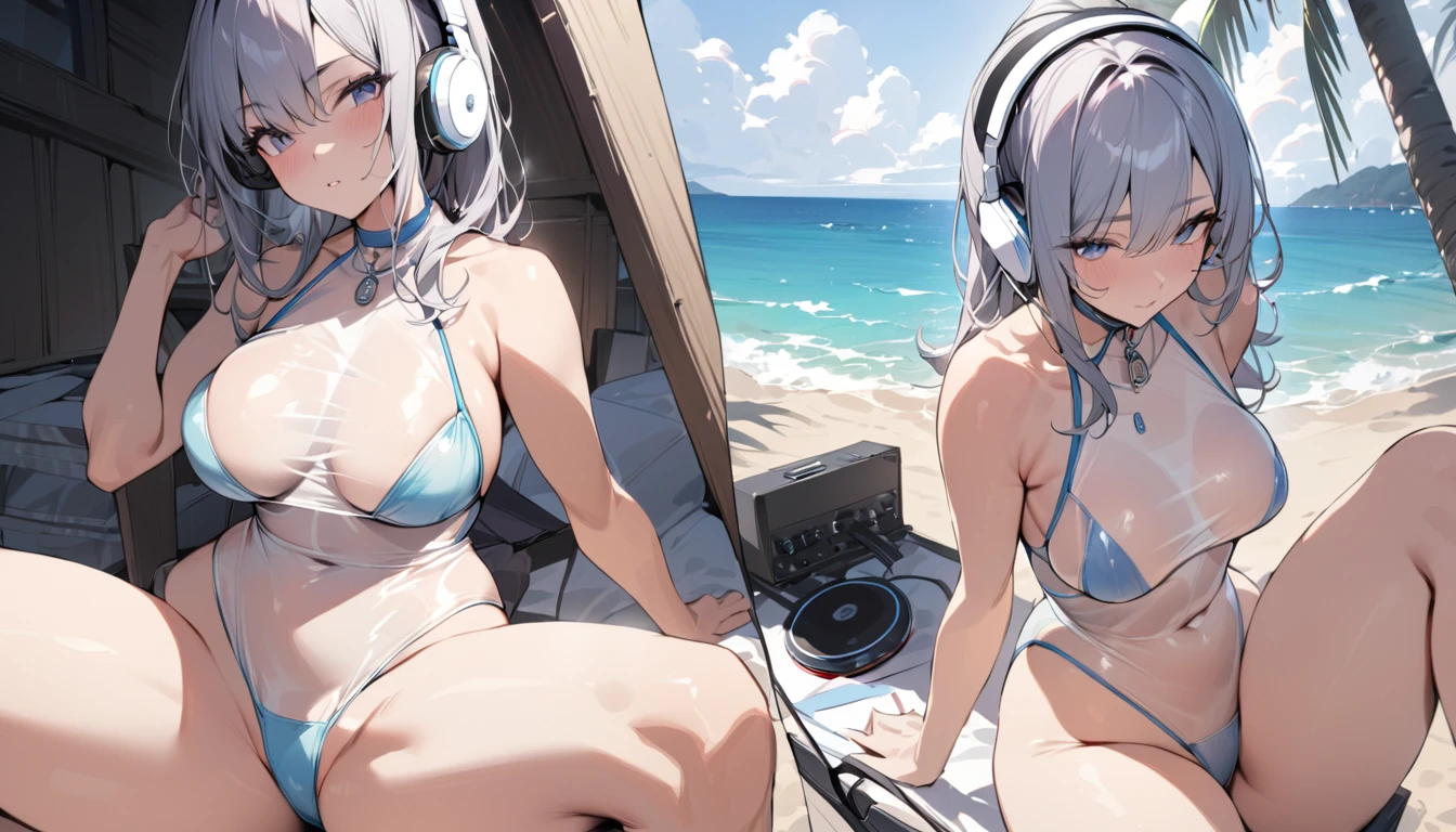 ((Top Quality)), ((Masterpiece)), ((Details)), perfect face, perfect body, sitting by the beach, listening to music, wearing headphones, wearing swimsuit, transparent swimsuit, wearing clothes exposing tight hips and breasts Woman with face visible, sitting with legs apart