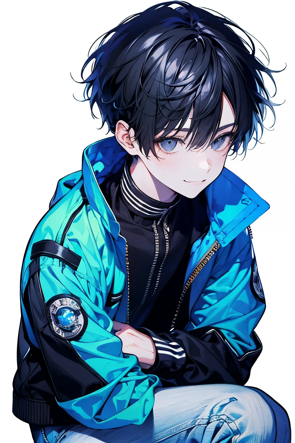 High quality, amount of drawing, pixiv illustration, PVC Jacket, aurora jacket, Beautiful young man, Black hair, Short hair, aurora fabric, hologram article,aurora seat jacket, White undershirt, light gray jeans, Decisive Pose, White background, A refreshing smile