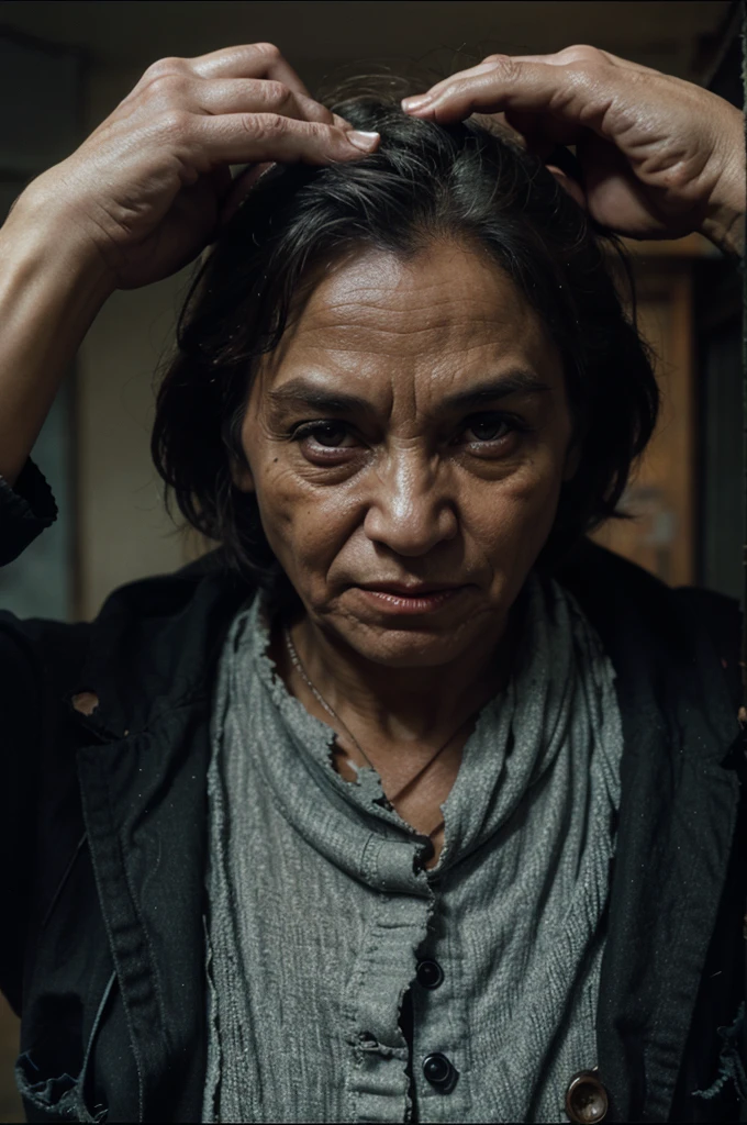 orc old woman with torn clothes, RPG, dvd screenshot, 1980s cinema, dark fantasy, realistic, detailed, body horror, horror cosmic
