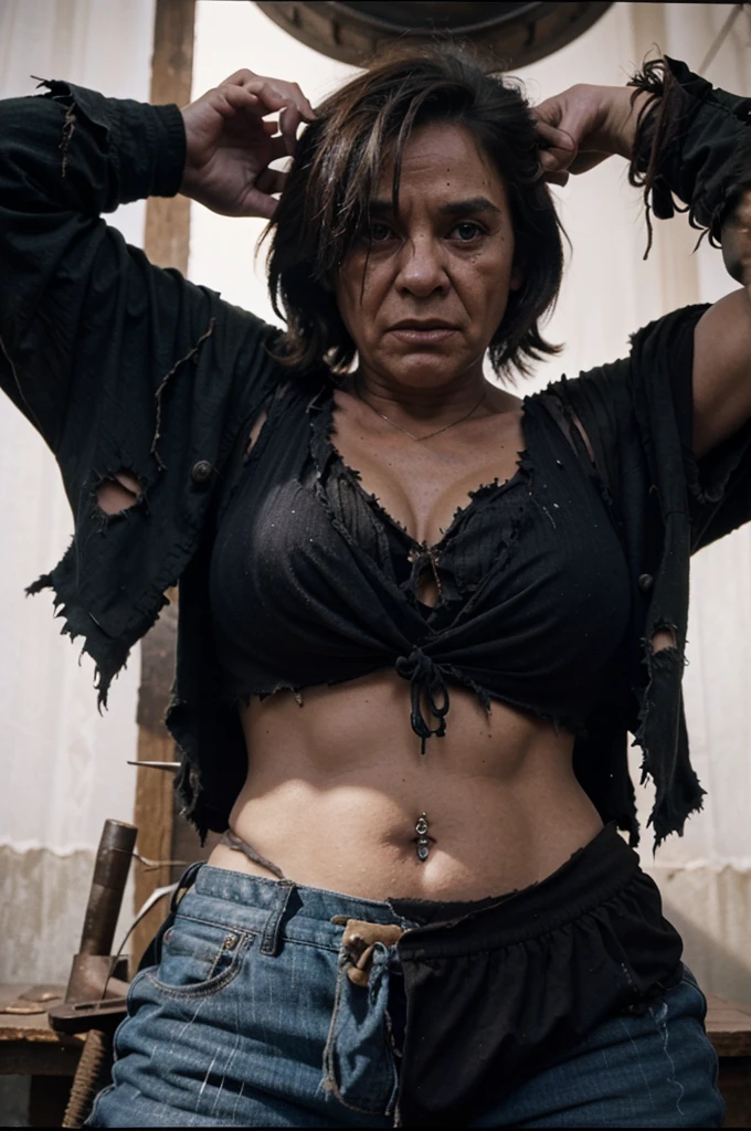 orc old woman with torn clothes, RPG, dvd screenshot, 1980s cinema, dark fantasy, realistic, detailed, body horror, horror cosmic
