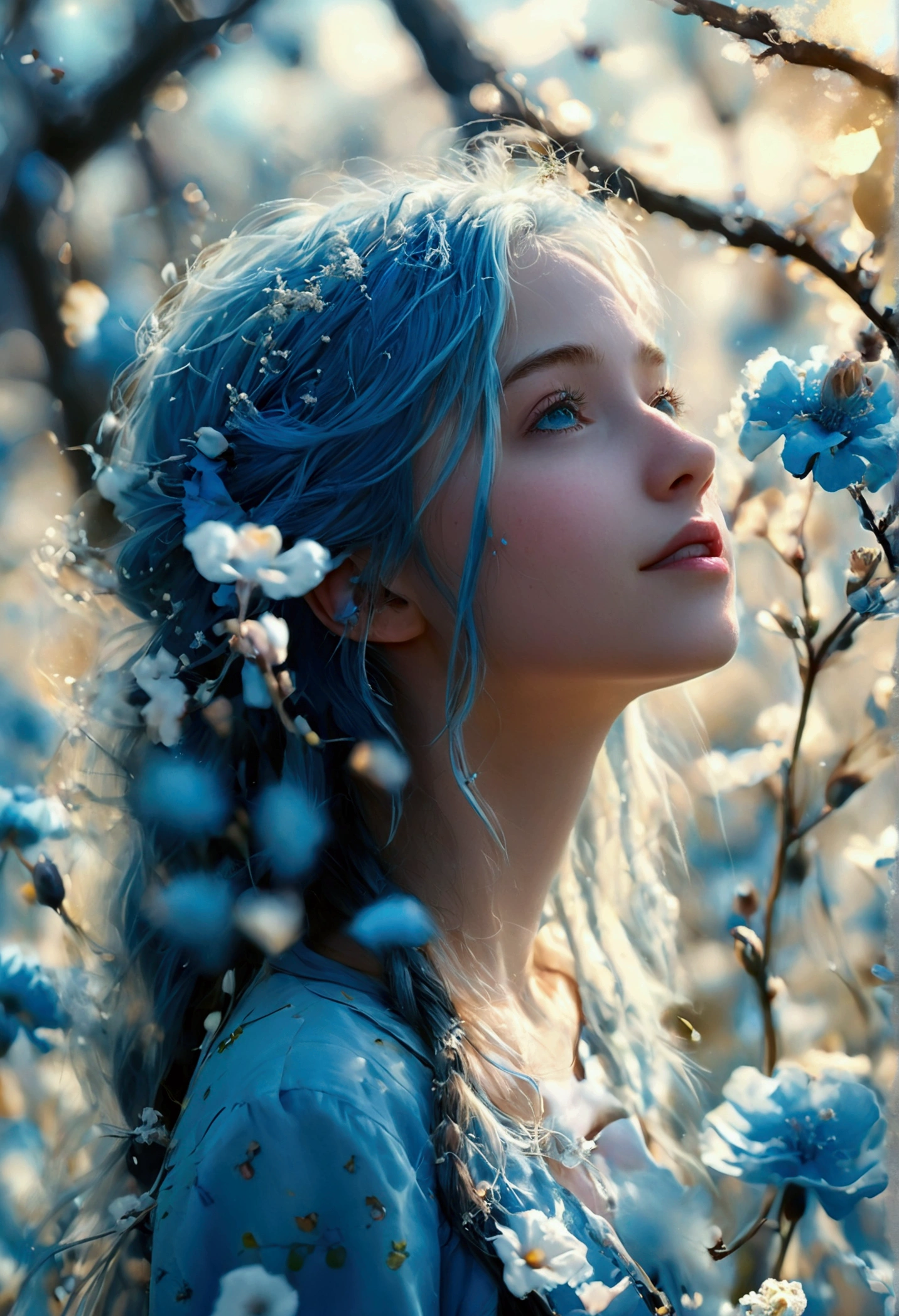 (absurdities, high resolution, ultra detailed, UHD, cinematographic), Alone, 1 girl, maduro, happy, girl standing in light blue flower field, light blue flower petal surrounding girl, whole body, blue long hair girl, light blue hair, Fancy, Dreamer, snowy, Official Art, pop art, profile, ultra detailed face, ultra detailed eyes, light blue flower field, ultra detailed field, White blue sky, Cold, light blue, White,  nebula in the sky, blue tree, watercolor, pastel color