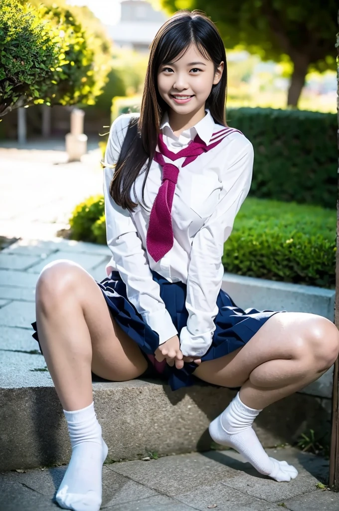 Pure Japanese school girl, sexual attractive, outstanding body, beautiful legs, wearing loose uniform, socks, loafers, panty, sweet smile, sitting, spread wide legs, refreshing in early summer morning, 