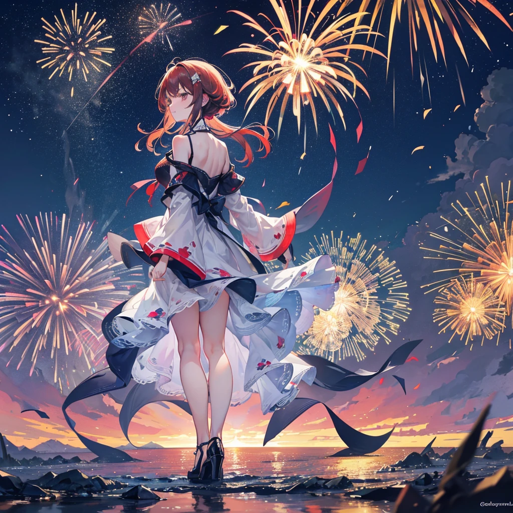 "Eternal Flower" is a firework that blooms in the night sky for all eternity. Its beauty changes over time and unfolds in a multi-layered structure. The explosion of the fireworks splits into many layers, each with a different color and shape, and each with its own unique movement. The light of the fireworks is also depicted as reflecting off the sky and water, and the reflections flicker and diffuse the light. Incorporating geometric patterns and animal shapes, the complex patterns are constantly changing.
AI Illustration Prompt:
Scene Setting:
Fireworks are launched over a lake against the backdrop of a summer night sky and a cityscape lined with skyscrapers.
The neon lights of the skyscrapers and the light of the fireworks are reflected on the water surface.
Fireworks Description:
Fireworks have a multi-layered structure, and when one firework explodes, the color and shape change from the center to the outside.
The outer layer splits into small pieces, and small fireworks spread out continuously.
Color and Light Expression:
The colors of the fireworks are diverse, including red, blue, green, and yellow, and change over time.
A detailed depiction of the way the light explodes and flickers in the smoke, clouds, and wind.
Patterns and shapes:
Some fireworks are shaped like cranes or butterflies, and their wings spread out in detail.
Geometric fireworks explode, spreading out complex fractal patterns. The patterns rotate and deform, and the color and shape are constantly changing.
Movement:
A detailed depiction of the fireworks' trajectory, and how it changes under the influence of wind and gravity.
The light of the fireworks reflects off the sky and water, and the reflections scatter the light as they flicker.
Texture details:
A detailed depiction of the way the light of the fireworks flickers in the smoke, clouds, and wind.
Captures the subtle changes that occur when the smoke passes through the light.
Contrast with background:
A city night view or natur