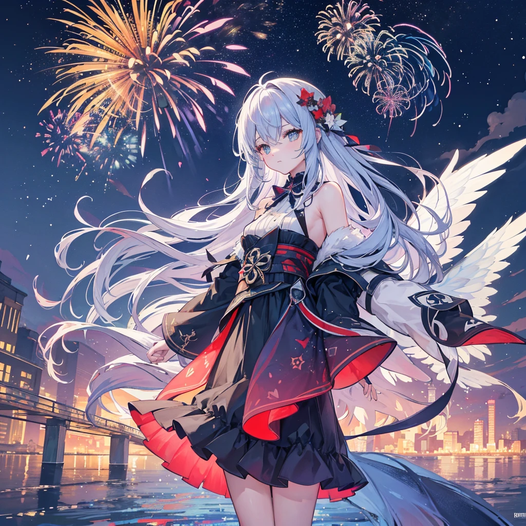 "Eternal Flower" is a firework that blooms in the night sky for all eternity. Its beauty changes over time and unfolds in a multi-layered structure. The explosion of the fireworks splits into many layers, each with a different color and shape, and each with its own unique movement. The light of the fireworks is also depicted as reflecting off the sky and water, and the reflections flicker and diffuse the light. Incorporating geometric patterns and animal shapes, the complex patterns are constantly changing.
AI Illustration Prompt:
Scene Setting:
Fireworks are launched over a lake against the backdrop of a summer night sky and a cityscape lined with skyscrapers.
The neon lights of the skyscrapers and the light of the fireworks are reflected on the water surface.
Fireworks Description:
Fireworks have a multi-layered structure, and when one firework explodes, the color and shape change from the center to the outside.
The outer layer splits into small pieces, and small fireworks spread out continuously.
Color and Light Expression:
The colors of the fireworks are diverse, including red, blue, green, and yellow, and change over time.
A detailed depiction of the way the light explodes and flickers in the smoke, clouds, and wind.
Patterns and shapes:
Some fireworks are shaped like cranes or butterflies, and their wings spread out in detail.
Geometric fireworks explode, spreading out complex fractal patterns. The patterns rotate and deform, and the color and shape are constantly changing.
Movement:
A detailed depiction of the fireworks' trajectory, and how it changes under the influence of wind and gravity.
The light of the fireworks reflects off the sky and water, and the reflections scatter the light as they flicker.
Texture details:
A detailed depiction of the way the light of the fireworks flickers in the smoke, clouds, and wind.
Captures the subtle changes that occur when the smoke passes through the light.
Contrast with background:
A city night view or natur