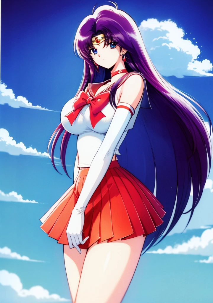 1990s \(style\), 1990s anime cels style, Highest quality, High resolution, (Big eyes, avert your eyes:1.2), One girl, (Huge breasts:1.2), Long Hair, blue eyes, Purple Hair, Cowboy Shot, Sailor Mars, Sailor Warrior Uniforms, Red Sailor Collar, Red choker, Pleated skirt, tiara, jewelry, Earrings, Purple bow tie, White gloves, Elbow Gloves