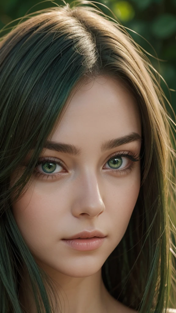 portrait, a European woman, highly detailed facial features, Captivating eyes, oval face, her hair is entirely green, Her face is very charming