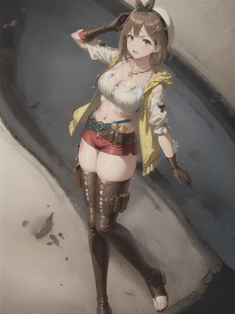 cowboy shot,show off nipples,topless,ryza, 1girl, solo, shorts, gloves, belt, hat, head ribbon, jewelry, red shorts, brown hair, thighhighs, short shorts, bridal legwear, necklace, brown eyes, single glove, hair ornament, hairclip, star necklace, toeless footwear, leather, star (symbol), white headwear, brown gloves, boots, short hair, thighs, leather belt, brown belt, leather gloves, jacket, blue belt, navel, thigh boots, sleeveless jacket, thigh pouch, white thighhighs, collarbone, yellow jacket, brown footwear, cleavage, large breasts, ((spread legs:1.4)),