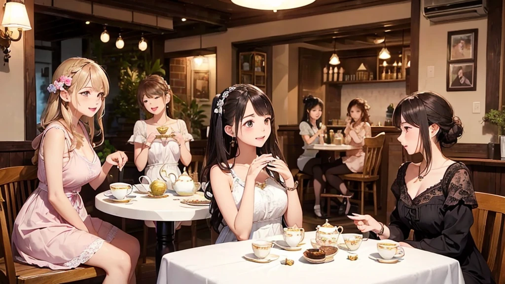 Highest quality、High resolution、Detailed Background、(Beautiful face in every detail:1.4)、Anatomically correct、(Detailed facial expressions)、(Detailed eyes:1.2)、age beauty、(Highly detailed face:1.4)、Cute hair colour、Braided Ponytail、Bobcut、Braided long hair、Wavy Hairstyle、well-groomed eyebrows、Cute Eye Makeup、Cute Lip Makeup、Calm atmosphere、Happy expression、smile、Laughter、Tea time at the cafe、Cute gestures、
(Four women enjoying tea time at a cute cafe:1.5)、
Flared silhouette dress、Camisole dress with frills and lace、
A-line dress with ribbon and flower motif、pink、Pastel Blue、Soft colors such as lavender、white、A clean base color such as beige、
Ribbon and flower hair accessories、Pearl and jewel necklaces、bracelet、
Lace bag、Pumps with ribbon、Suede or velvet short boots、
It's gorgeous but also feminine.