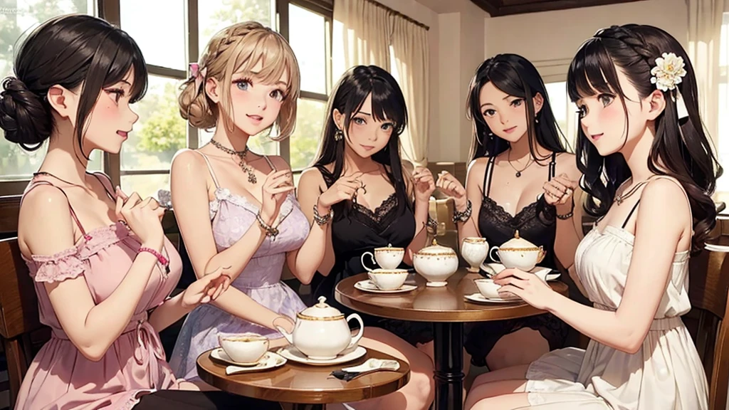 Highest quality、High resolution、Detailed Background、(Beautiful face in every detail:1.4)、Anatomically correct、(Detailed facial expressions)、(Detailed eyes:1.2)、Teenage beauty、(Highly detailed face:1.4)、Cute hair colour、Braided Ponytail、Bobcut、Braided long hair、Wavy Hairstyle、well-groomed eyebrows、Cute Eye Makeup、Cute Lip Makeup、Calm atmosphere、Happy expression、smile、Laughter、Tea time at the cafe、Cute gestures、
(Four women enjoying tea time at a cute cafe:1.5)、
Flared silhouette dress、Camisole dress with frills and lace、
A-line dress with ribbon and flower motif、pink、Pastel Blue、Soft colors such as lavender、white、A clean base color such as beige、
Ribbon and flower hair accessories、Pearl and jewel necklaces、bracelet、
Lace bag、Pumps with ribbon、Suede or velvet short boots、
It's gorgeous but also feminine.