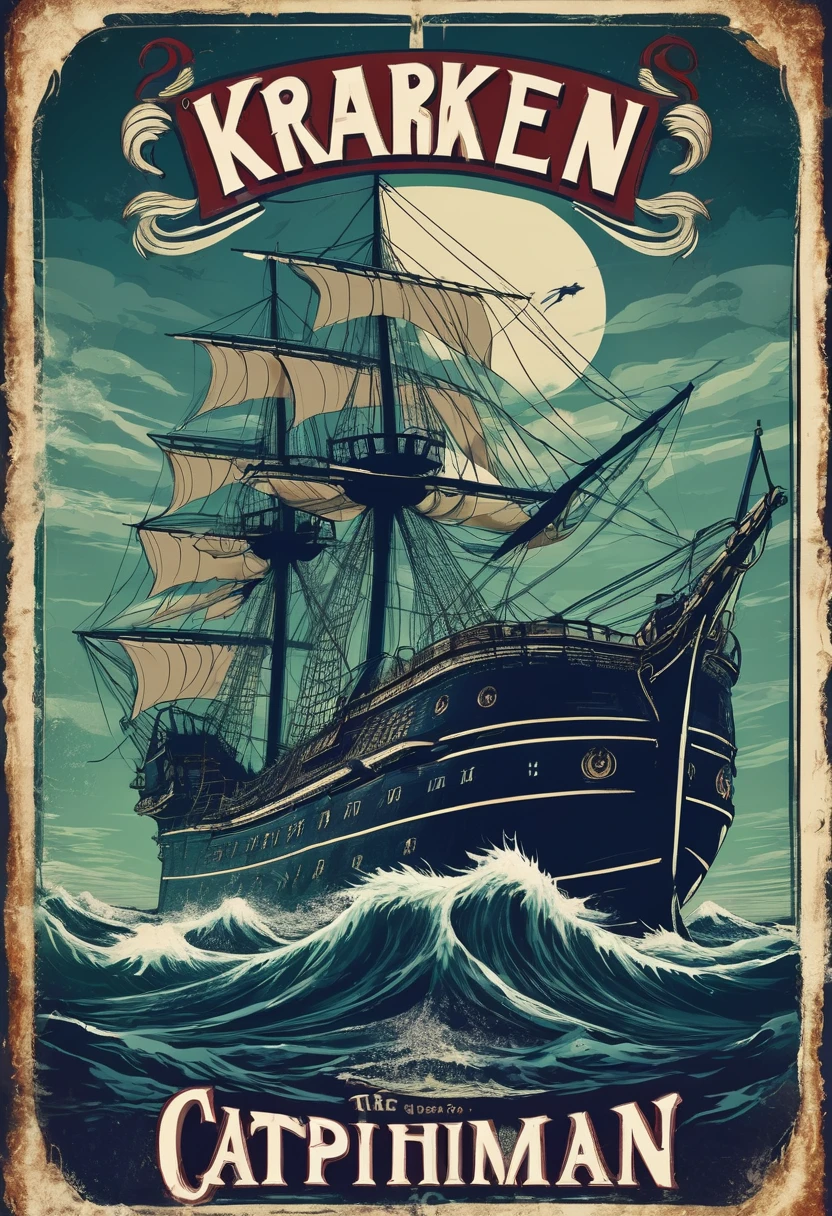 A poster cover,Medieval retro style,Nautical theme,The Kraken is a sea monster that was the captain of the Flying Dutchman,Has a terrifyingly large body,Countless tentacles,Can easily destroy a huge ship。,Dark background,Retro shabby atmosphere,Caribbean Type