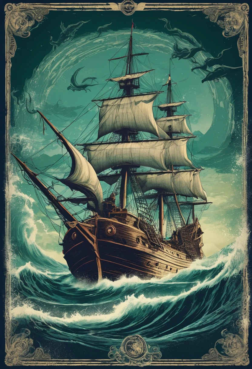 A poster cover，Medieval retro style，Nautical theme，The Kraken is a sea monster that was the captain of the Flying Dutchman，Has a terrifyingly large body，Countless tentacles，Can easily destroy a huge ship。，Dark background，Retro shabby atmosphere，Caribbean Type