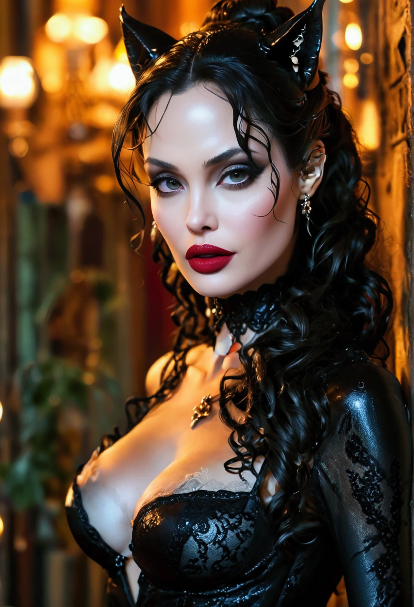 Full body shot Angelina Jolie catwoman, ringlets wavy five feet long black hair, updo hairstyle with ponytail on one side and long hairpins holding the bun long braid, strong thighs, dark red glossy lips, heavy black eye shadow long black eyeliner, long sharp claws, black lace beautiful and creative catwoman bodysuit with no jewels, huge cleavage, clear ears no earrings, no earrings, no earrings, no earrings, no jewels, beautiful forehead lace ornament, posing in a feminine catwoman den, happy expression, dark ambience night time candle lights. No faces on her chest!