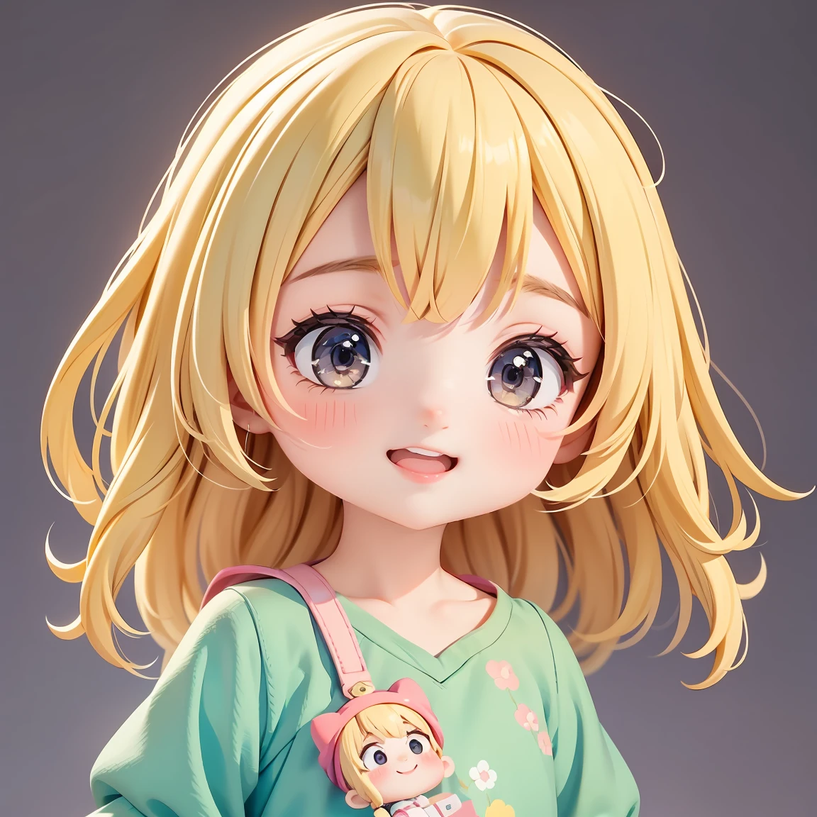  Super Chibi Character：1.8、wearing cute sandals、background：Simple all over、Blonde Hair、Cute 7  girl、Random cute outfits、Random and over-the-top poses：1.8、Looking this way、Super Happy Smile：1.8