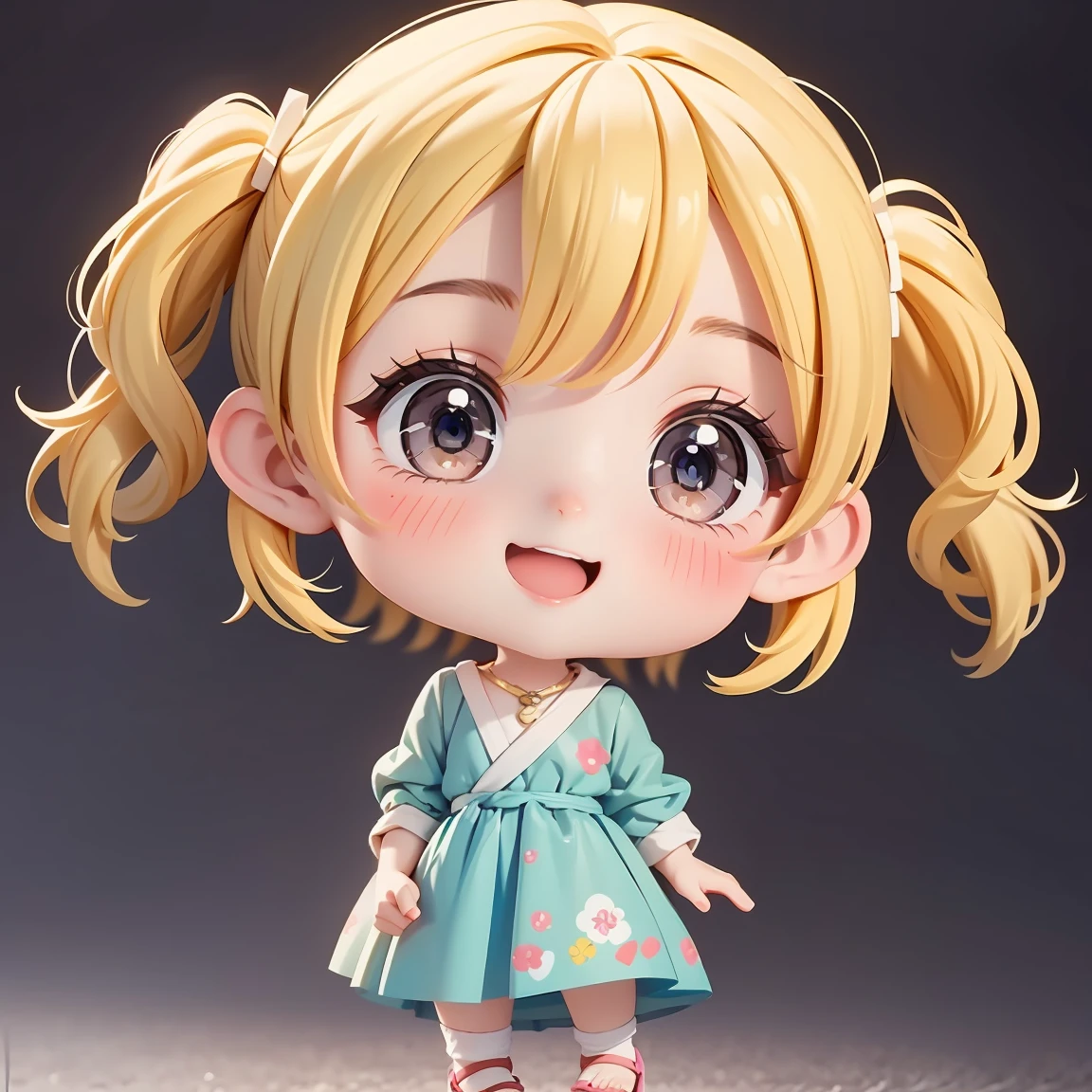  Super Chibi Character：1.8、wearing cute sandals、background：Simple all over、Blonde Hair、Cute 7 year old girl、Random cute outfits、Random and over-the-top poses：1.8、Looking this way、Super Happy Smile：1.8