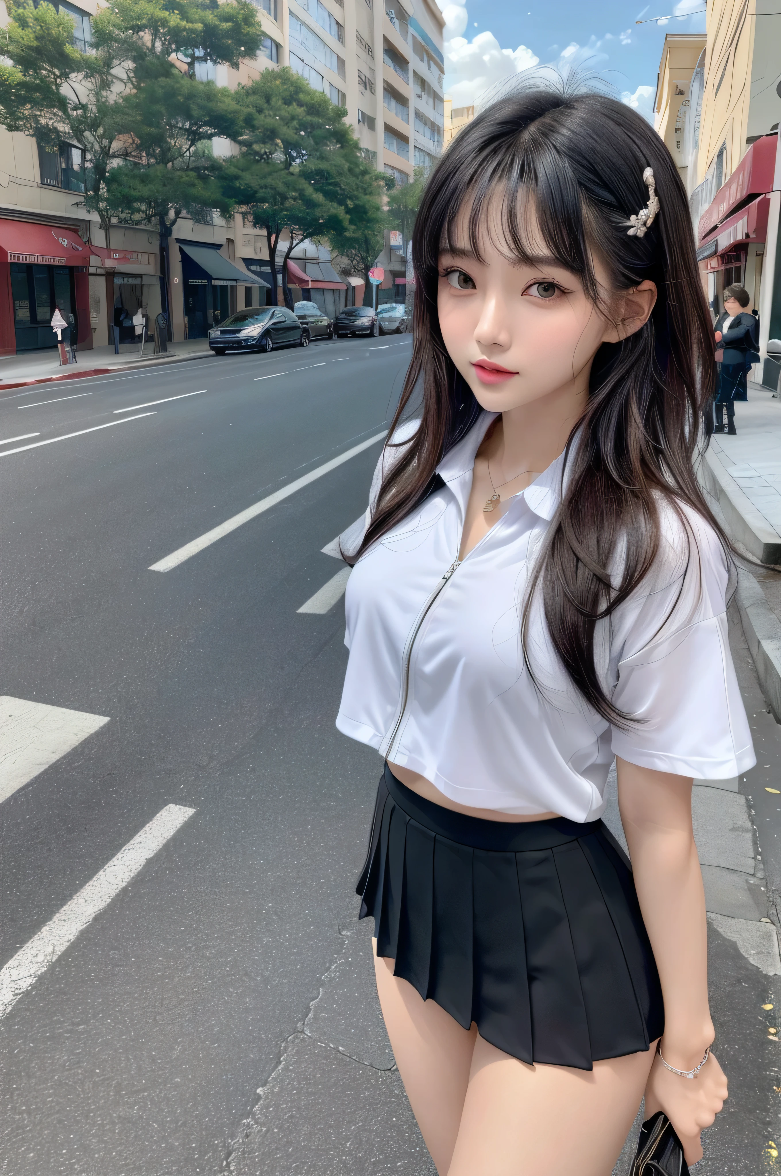 (quality),8K,(masterpiece:1.3),(1 girl:1.3),(In Minaof name),Beautiful of Korean girl, Korean pop idol,Beauty of woman,Have a perfect body:1.4, Slim abdominal muscles:1.2, ((Layered Hairstyle, :1.2)), ((View Viewer)),(A brilliant smile:1.3),(Big Asa),Actual,high resolution,Highly detailed face and skin textures,Realistic face,RAW photos,((Pretty face:1.5)),(Beauty of woman:1.4),Perfect body example,,((Super detailed face)),Attention to detail,Double eyelids,Eyeshadow Enhancement,Eye for detail,Professional lighting,灯Optics,Focus,((Sporty style)),((Optics, Bright colors of clothes Bright colors of T-shirts,Short skirt,((vitality,Positive,vivaciousnesposing thighs)),(of:1.3),Ultra-thin sports bar,Hip skirt,on the street