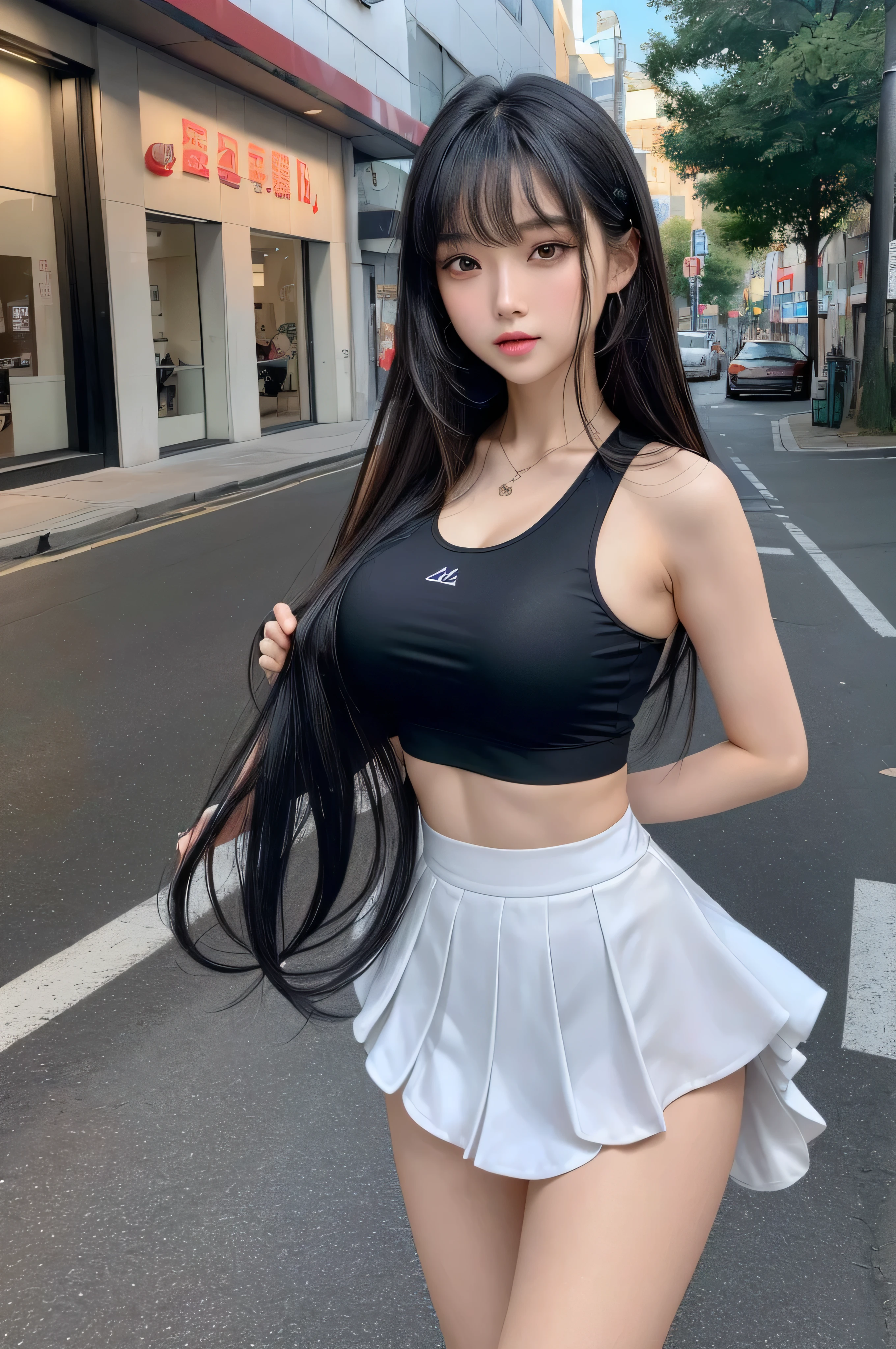 (quality),8K,(masterpiece:1.3),(1 girl:1.3),(In Minaof name),Beautiful of Korean girl, Korean pop idol,Beauty of woman,Have a perfect body:1.4, Slim abdominal muscles:1.2, ((Layered Hairstyle, :1.2)), ((View Viewer)),(A brilliant smile:1.3),(Big Asa),Actual,high resolution,Highly detailed face and skin textures,Realistic face,RAW photos,((Pretty face:1.5)),(Beauty of woman:1.4),Perfect body example,,((Super detailed face)),Attention to detail,Double eyelids,Eyeshadow Enhancement,Eye for detail,Professional lighting,灯Optics,Focus,((Sporty style)),((Optics, Bright colors of clothes Bright colors of T-shirts,Short skirt,((vitality,Positive,vivaciousnesposing thighs)),(of:1.3),Ultra-thin sports bar,Hip skirt,on the street