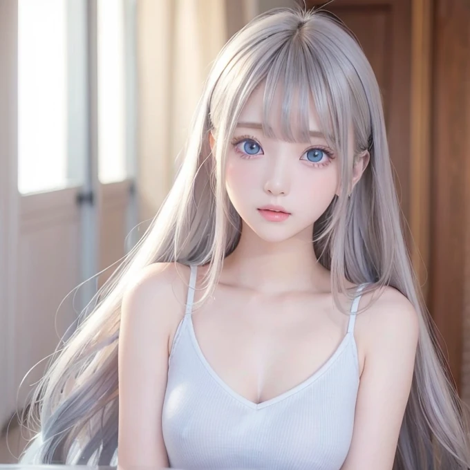 silver shiny hair、Super long straight silky hair、Dazzling blonde super long silky hair、16 years old cute little beautiful face、A beautiful girl、Sparkling blonde dancing in front of a pretty face、Long, silky bangs that cover the space between the eyes、Very beautiful, bright, large, light blue eyes、Very big eyes、Hair that hides the face、Sexy pretty young woman with super long bangs、Very white skin、Cheek gloss highlighter、Small Face Beauty、Round face、Cute Shirts、Ample Bust, embarrassed face、Skinny jeans and t-shirt、