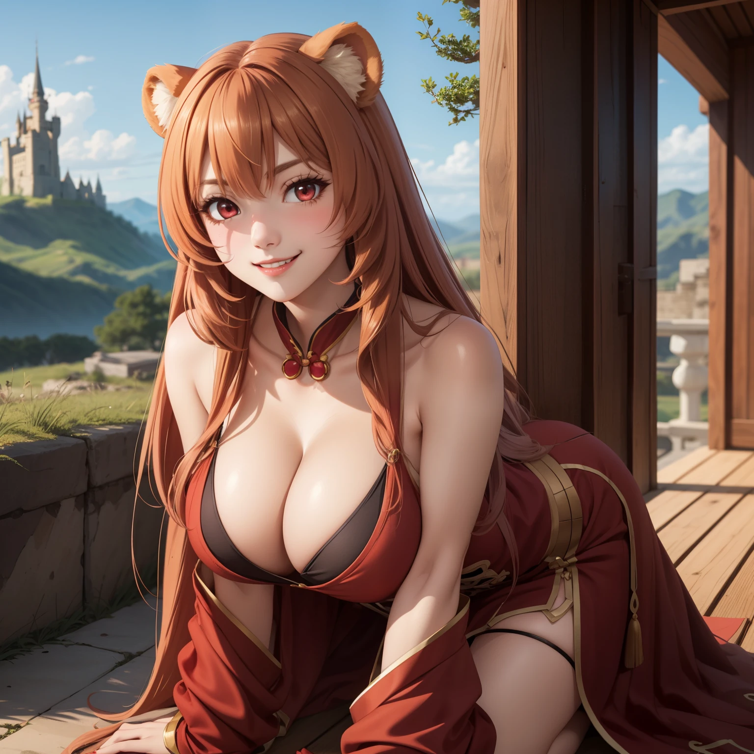 Raphtalia woman 23 years old straight orange hair , round bear ears, red eyes like ruby., flirtatious smile, pale skin, big breasts, traje chino color rojo y dorado , disfraz chino, escote. fondo una castillo chino,