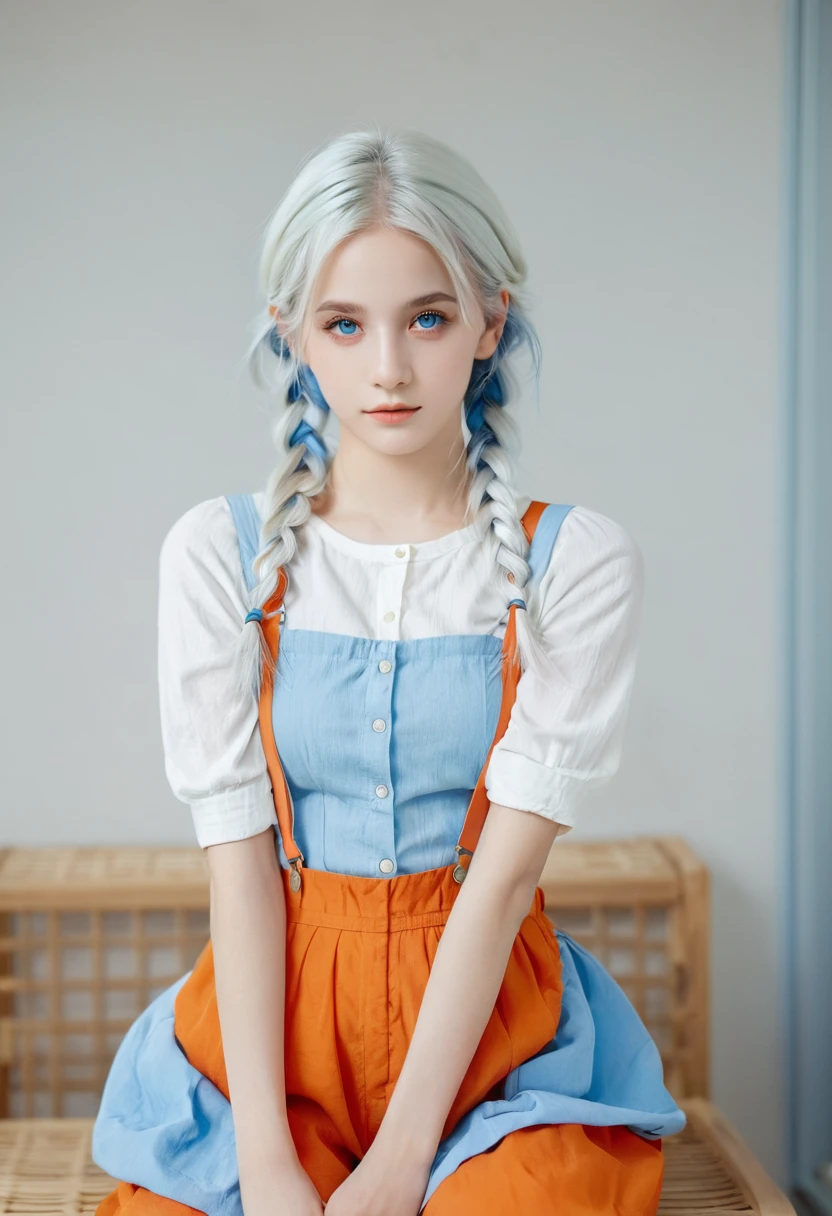 1 Girl, Orange sleeves, White hair, White skin, Light blue hair accessories, Blue suspenders, Blue clothes, Light blue eyes, barefoot, Double braid