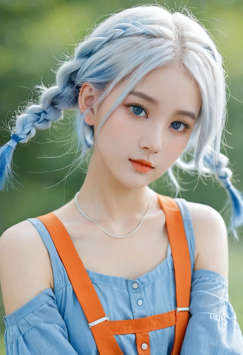 1 Girl, Orange sleeves, White hair, White skin, Light blue hair accessories, Blue suspenders, Blue clothes, Light blue eyes, barefoot, Double braid