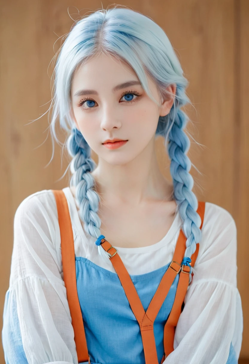 1 Girl, Orange sleeves, White hair, White skin, Light blue hair accessories, Blue suspenders, Blue clothes, Light blue eyes, barefoot, Double braid