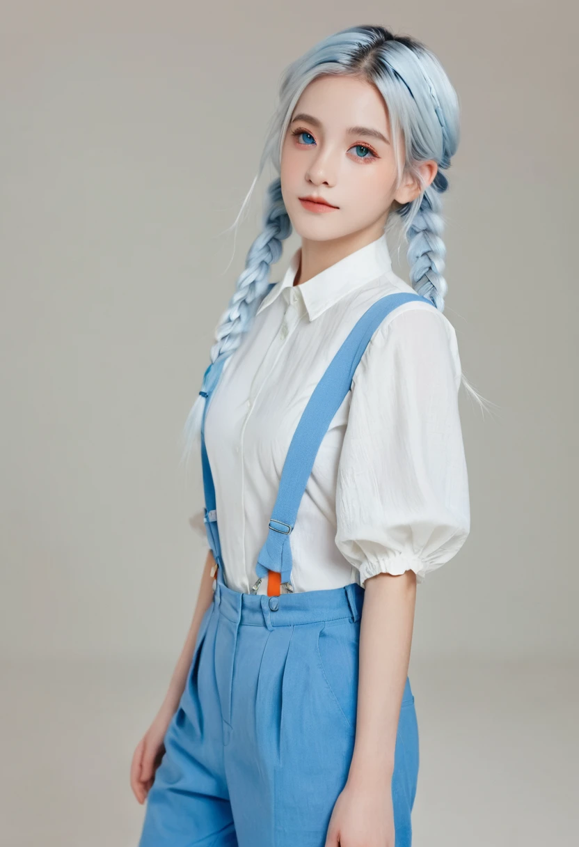 1 Girl, Orange sleeves, White hair, White skin, Light blue hair accessories, Blue suspenders, Blue clothes, Light blue eyes, barefoot, Double braid