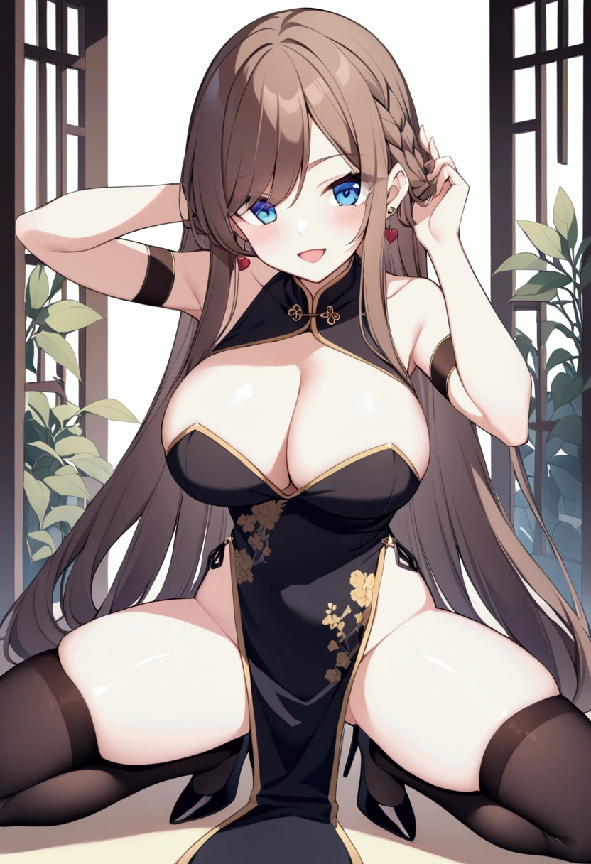 slender, mature female,breasts, brown_hair, long_hair, 1girl, large_breasts, dress, solo, blue_eyes, blush, open_mouth, jewelry, bare_shoulders, smile, earrings, thighhighs, looking_at_viewer,very_long_hair, braid, bangs, spread_legs, cleavage, high_heels, china_dress, :d, eyebrows_visible_through_hair, arm_up, plant, black_footwear, chinese_clothes, black_dress, hair_ornament, alternate_costume, sidelocks, hand_in_hair, outdoors, heart