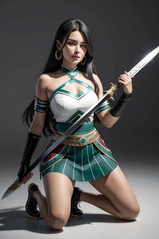 Girl indigenous 18 years old, hero, super girl, Black long hair, with couro superhero colan grey and black with green lines and white background envoirement.(Indigenous cosplay look) braço erguido segurando pedra verde. Indígena outfit and cocar de penas laranjas, coroa de penas. Calça cinza e preta. Skirt. (Kneeling:1.3),(arms touching her neck in Supino:0.4), (one arm up and another down messing her, opened legs:0.5), rastreamento de raios，Renderizador OC，Renderizador UE5, torn side. Sword of gem Stone encarved cristal alike 