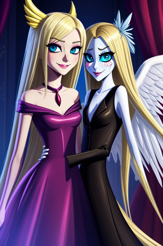 I would like to create a Haspin hotel or vivitziepop style angel, in which she is a blonde girl with blue eyes next to Lucifer from Hazmin hotel