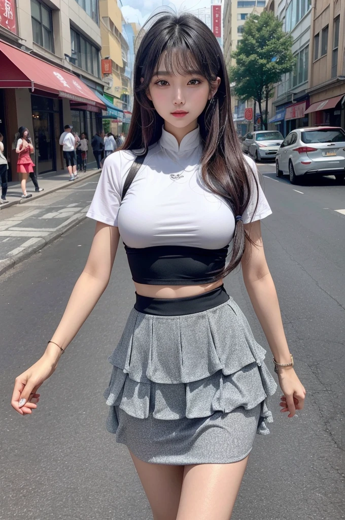 (quality),8K,(masterpiece:1.3),(1 girl:1.3),(In Minaof name),美丽of韩国女孩, Korean pop idol,美丽of女人,拥有完美of身材:1.4, Slim abdominal muscles:1.2, ((Layered Hairstyle, :1.2)), ((View Viewer)),(灿烂of笑容:1.3),(Big Asa),实际of,high resolution,高度详细of面部和皮肤纹理,逼真of脸,RAW photos,((漂亮of脸蛋:1.5)),(美丽of女人:1.4),Perfect body example,,((超级细致of脸部)),Attention to detail,Double eyelids,Eyeshadow Enhancement,Eye for detail,Professional lighting,灯Optics,Focus,((Sporty style)),((Optics, 色彩鲜艳of衣服颜色鲜艳ofT恤,Short skirt,((vitality,积极of,vivaciousnesposing thighs)),(of:1.3),Ultra-thin sports bar,Hip skirt,on the street