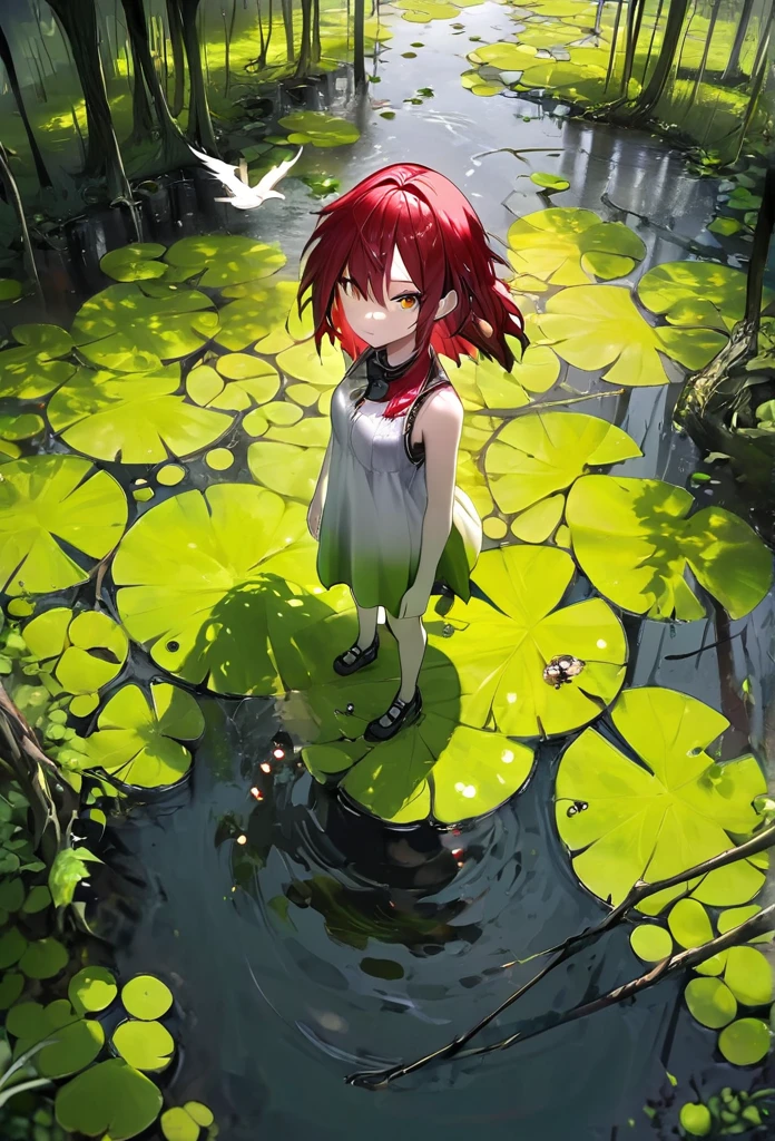 Generate an aerial angle birds eye view image of a  beautiful humanoid dragon girl , face of beautiful  human detailed scale photo realistic with menacing wings, color red and silver unreal engine standing , getting out from the swamp with floating algae , dynamic pose with a background full of large vines dramatic angle view high coloration 4k resolution but