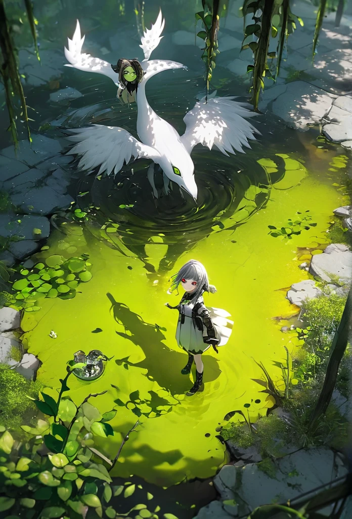 Generate an aerial angle birds eye view image of a beautiful humanoid dragon girl , face of beautiful human detailed scale photo realistic with menacing wings, color red and silver unreal engine standing , getting out from the swamp with floating algae , dynamic pose with a background full of large vines dramatic angle view high coloration 4k resolution but
