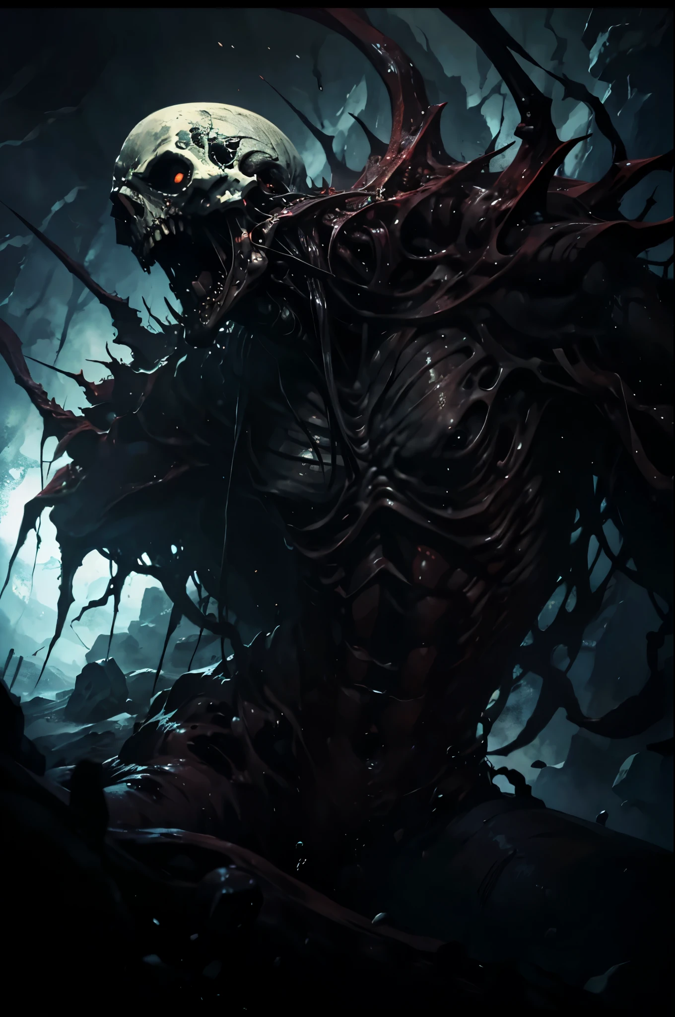 (nightscape), horor, Haunted, corpses, skulls, Image representing hell, necronomicon, Picture Style Painting, realisitic, eyeshadows, High definition, high qualiy, cinematic