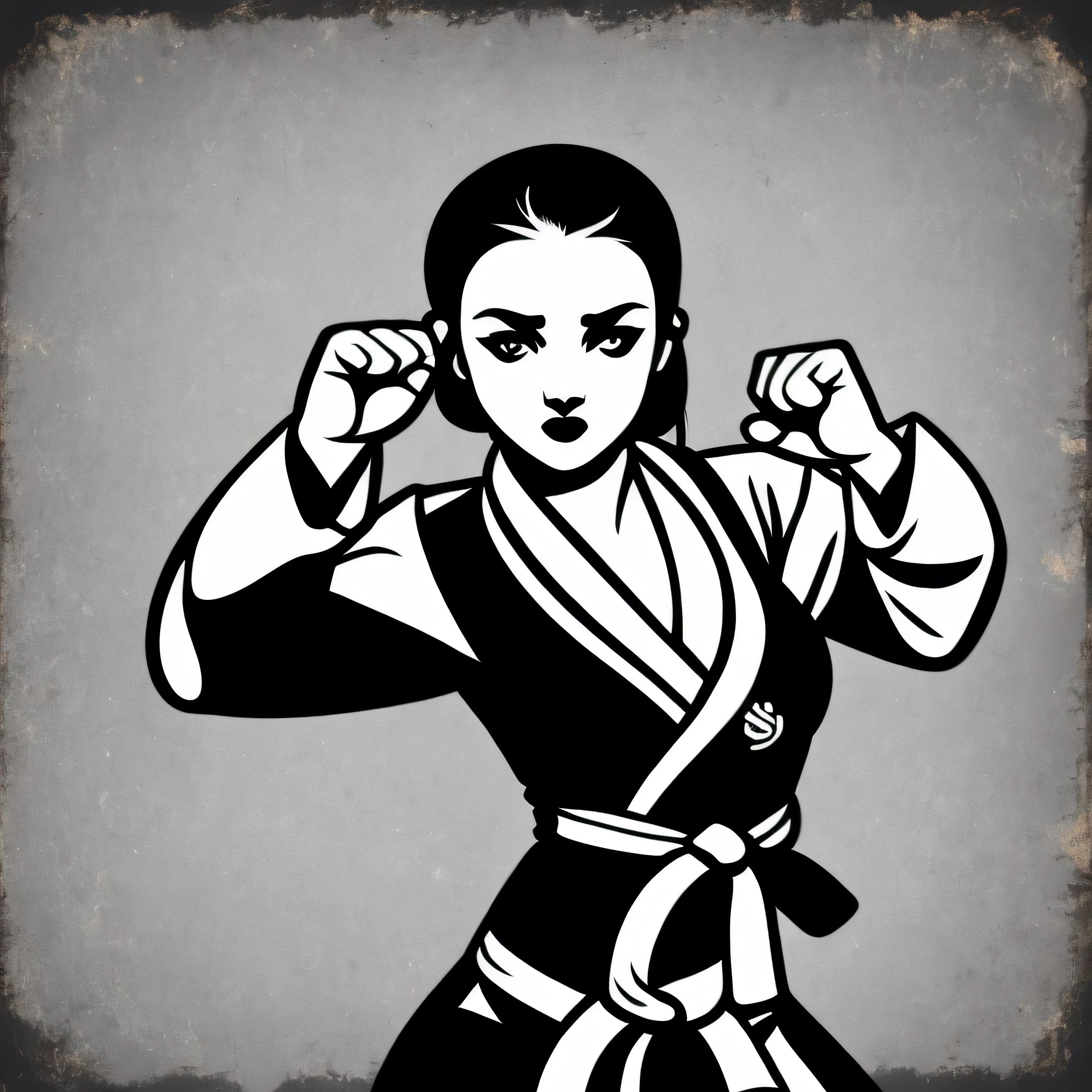 white background,monochrome,Woman doing karate,cute eyes,