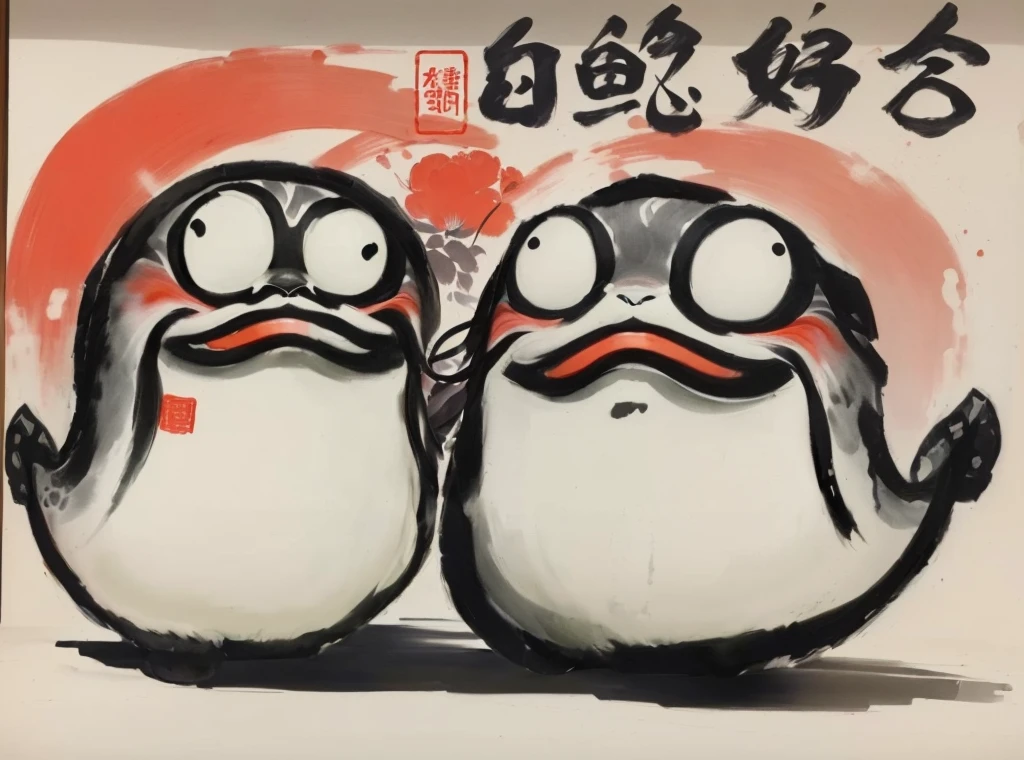 there are texisto penarriveins that are standing next to each other, qi baishi style, 受arrive齊白石的啟發, author:Gang Huian, artexistork in the style of z.exist. arrive, author:Toko Shinoda, Japanese cartoon style, author:Lee In-sang, Otsutsuki Momoshiki, Inspired by《Qiu Wen Tianjiang》