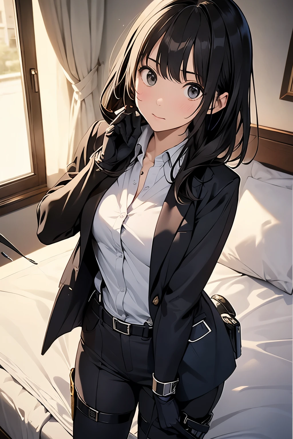1 female, , high quality, masterpiece, Ultra-high resolution, , Cinema Lighting, , , And the suspenders with the cranes flying　　　Moderate breasts　 　 　　　　Small face　 　　　holster　　　　　　　 Lying in bed　Looking up　　　　Sweat 　　　belt　summer　脇Sweat 　Black Hole Gloves　suit　shirt　　Black jacket　 Black trousers　Leg Links　ズボンにbelt　　holster　 　　Hands behind your back　 Anxious expression　Looking up　Anxious face, legs apart　