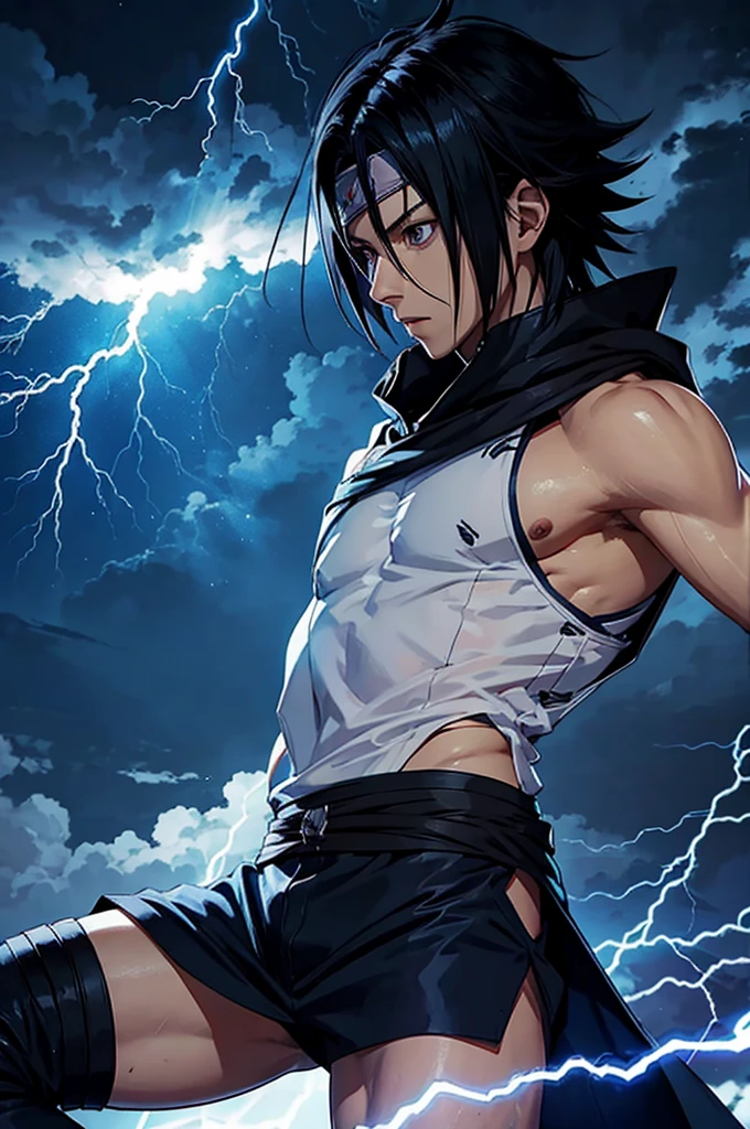 Sasuke Uchiha with his body covered in lightning and thunder