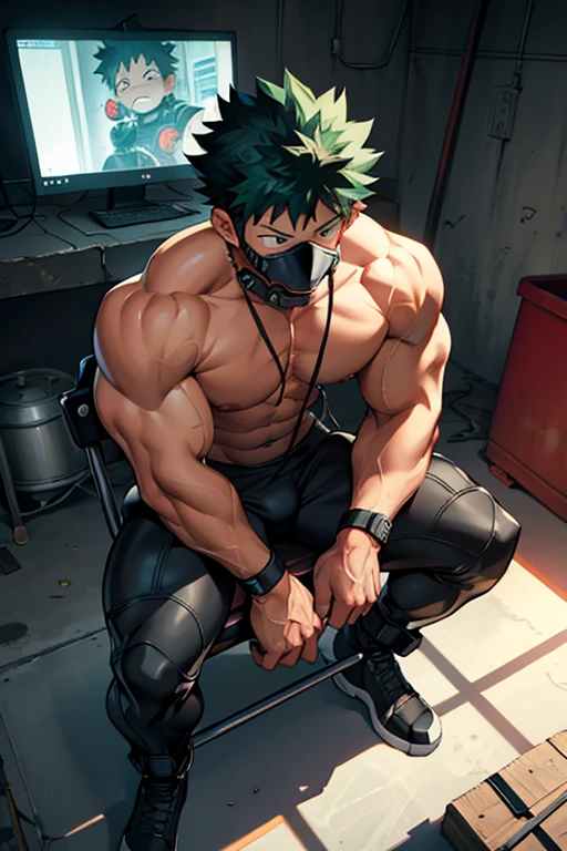 Katsuki Bakugo from My Hero Academia as a hyper muscular brainwashed thrall wearing a full body black shiny rubber latex gimp uniform staring blankly ahead with vapid expression as he restrains Izuku Midoriya in a restraint chair in an abandoned warehouse while lowering a helmet with a tinted visor onto Midoriya's head to brainwash Midoriya. Repeating mantras over and over again to turn Midoriya into another brainwashed thrall and affirm that they are nothing more than obedient minions to the villains. Hyper muscles. Hyper crotch bulge. Massive swollen crotch. Massive swollen pectorals. Thick glutes. Muscular thighs. Broad shoulders. Big traps. Massive biceps. Massive triceps. "Serve. Obey. Conform. Comply. No more self. There is no 'I.' Stare. Don't think. Accept this fate. Become a drone. Assimilate." IQ drain. hypnosis. Hypnotic trance. Hypnotized. Brainwashing. Entranced. Enthralled. Dumber and dumber. Programming. Subliminals. Conformity. Assimilation.
