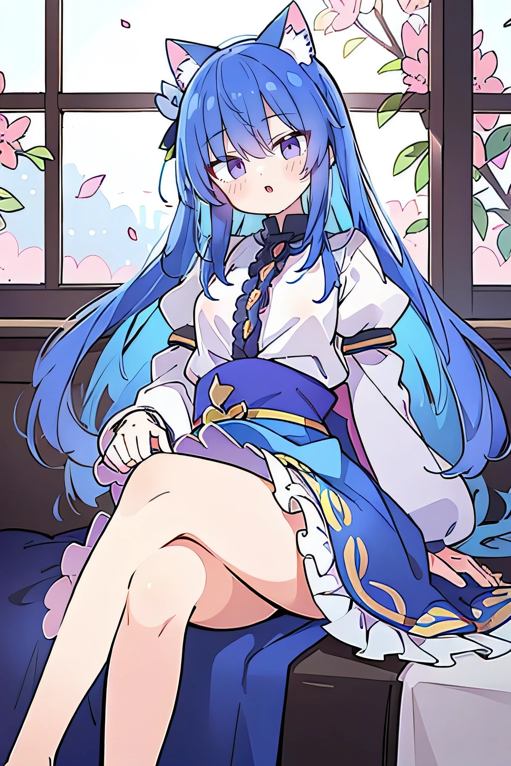 （masterpiece：1.2），Super detailed，lifelike，Expressive eyes，fair skin，perfect face shape，1 girl，
Japanese comics,Gorgeous blue hair,flowing blue hair,flowing clothes,Cat ears,Petals fall,beautiful lola,Baby Angel,
，Cross your legs，Gentle and peaceful background，The pavilion is cool and comfortable, 