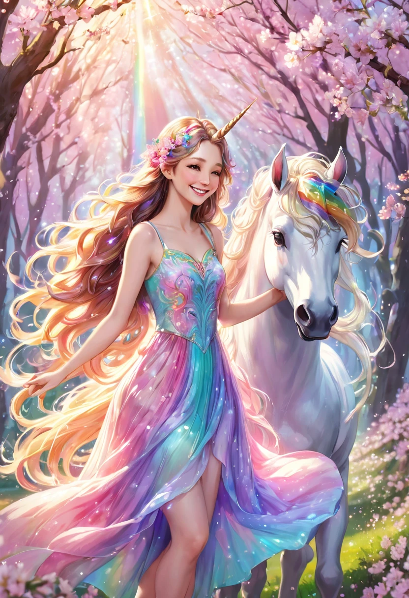 A beautiful fairy playing with a unicorn in the forest, cherry blossoms, smiling, happy, pastel colored dress, surrounded by rainbow light, fine grains of light, the fairy's long wavy hair waving in the wind, mysterious world