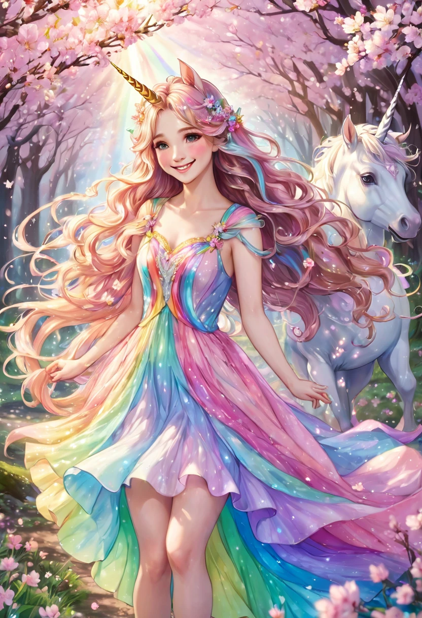 A beautiful fairy playing with a unicorn in the forest, cherry blossoms, smiling, happy, pastel colored dress, surrounded by rainbow light, fine grains of light, the fairy's long wavy hair waving in the wind, mysterious world