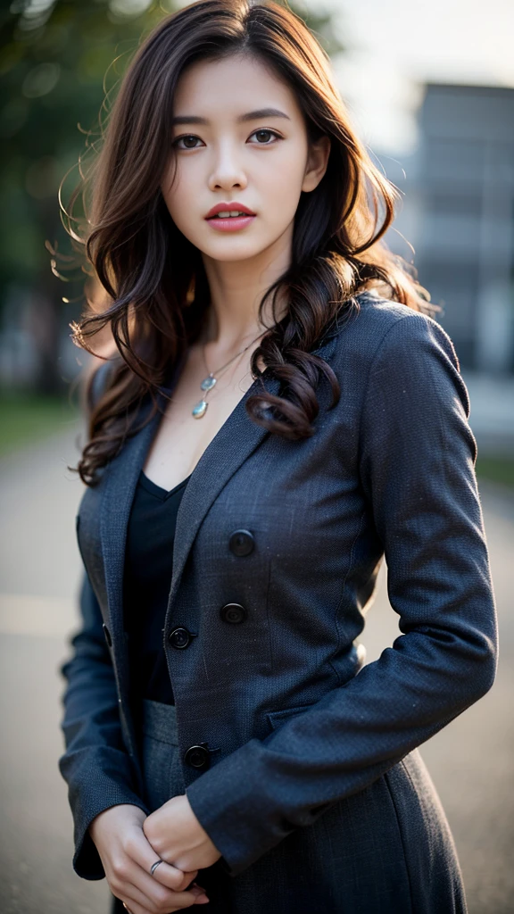 Highest quality、masterpiece、Ultra-high resolution、(Photorealistic:1.4)、RAW Photos、One Girl、Brown Hair、blue eyes、Eye and facial details、Black suit、Dynamic Lighting、Cloudy、Deep Shadow、Cowboy shot full body、Slime-ified、Slender、Model Body Type、、necklace、bracelet、necklace、Curly Hair