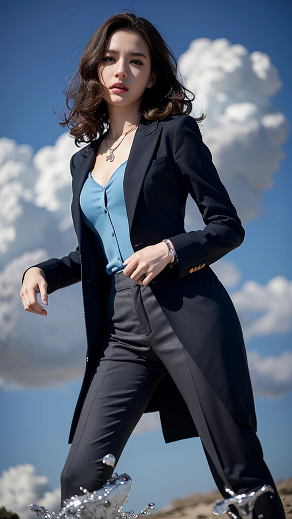 Highest quality、masterpiece、Ultra-high resolution、(Photorealistic:1.4)、RAW Photos、One Girl、Brown Hair、blue eyes、Eye and facial details、Black suit、Dynamic Lighting、Cloudy、Deep Shadow、Cowboy shot full body、Slime-ified、Slender、Model Body Type、、necklace、bracelet、necklace、Curly Hair