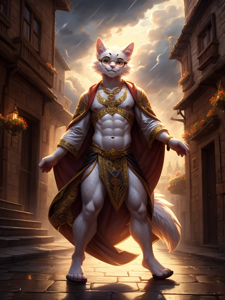 Anthro, white fluffy cat, full body, male, adult, hand paws, long fluffy tail, fluffy chest, light robe, long dancing skitt, flip flop, fancy dancer clothing, crop top, ornate clothing, blue circular eyewear, abdomen on display, serious look, warm happy expression, hairy body, 8K, dynamic lighting, ultra detailed, masterpiece, street of a medieval town, stormy weather outside